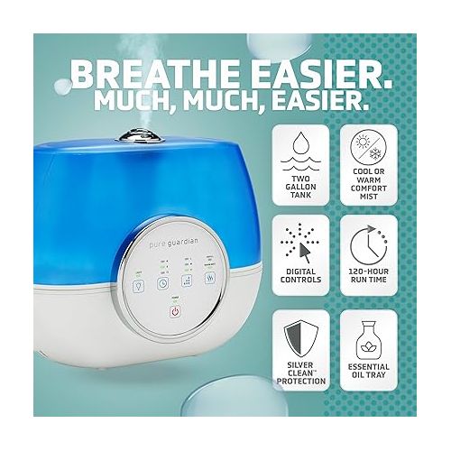  PureGuardian H4810AR Ultrasonic Warm and Cool Mist Humidifier for Bedrooms, Quiet, Filter-Free, 120 Hr, 2 Gal Treated Tank Surface Resists Mold, Pure Guardian Humidifier with Essential Oil Tray