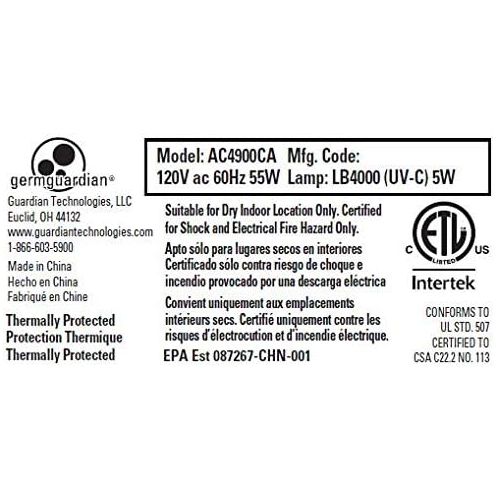  Germ Guardian AC4900CA 22” 3-in-1 True HEPA Filter Air Purifier for Home, Full Room, UV-C Light Kills Germs, Filters Allergies, Smoke, Dust, Pet Dander, & Odors, 3-Yr Wty, GermGuar