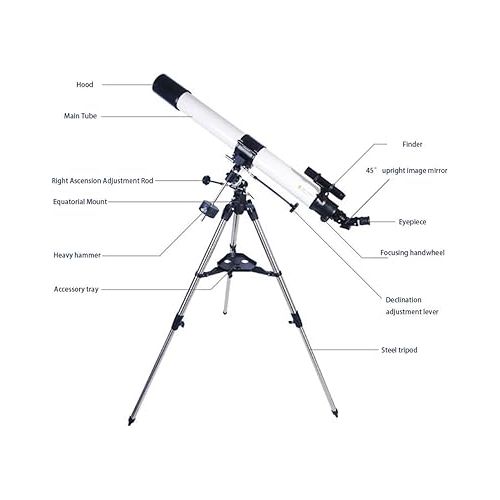  90mm Beginners Astronomical Telescope Children Space Astronomic Refractor Adults Travel Spotting Scope with Lightweight Steel Tripod White,A (C)