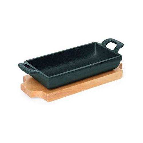  Getgastro Mini Servierpfanne aus Gusseisen, mit Holzuntersetzer, nicht spuelmaschinenfest, sehr robust, hohe Warmehaltung, ideal geeignet zum Servieren / 15,3 x 7,7 x 3,2 cm