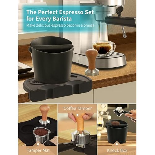  Gevi Coffee Knock Box for Espresso Coffee Machine,Espresso Machine with Steamer,51mm Wooden Handle Stainless Steel Calibrated Espresso Tamper Espresso Maker with Milk Frother for 3 PCS Coffee Set