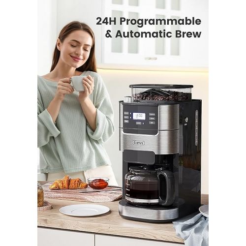  Gevi 10-Cup Coffee Maker with Built-in Grinder, Programmable Grind & Brew, 1.5L Water Reservoir, Keep Warm Plate Coffee Machine and Burr Grinder Combo