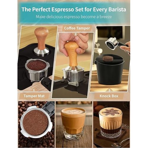  Gevi 3PCS Espresso Machine Accessories, Coffee Knock Box for Grounds, Tamper Mat Black Silicone Pad Espresso Dump Bin for Milk Coffee Cappuccino Home Office