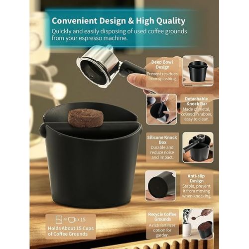  Gevi 3PCS Espresso Machine Accessories, Coffee Knock Box for Grounds, Tamper Mat Black Silicone Pad Espresso Dump Bin for Milk Coffee Cappuccino Home Office