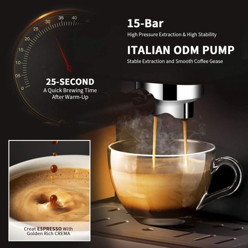  Gevi Espresso Machine 15 Bar Espresso Coffee Maker with Milk Frother Wand for Cappuccino, Latte, Mocha, Machiato, for Home Barista, 1.5L Water Tank, Classial, Sliver, 1050W