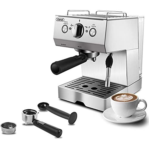  Gevi Espresso Machine 15 Bar Coffee Maker Espresso with Milk Frother Wand for Cappuccino, Latte, Mocha, Machiato, for Home Barista, NTC Temperature Control, 1.5L Water Tank, Silver