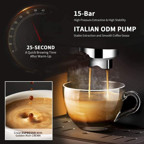  Gevi Espresso Machine 15 Bar Coffee Maker Espresso with Milk Frother Wand for Cappuccino, Latte, Mocha, Machiato, for Home Barista, NTC Temperature Control, 1.5L Water Tank, Silver