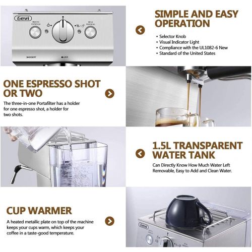  Gevi Espresso Machine 15 Bar Coffee Maker Espresso with Milk Frother Wand for Cappuccino, Latte, Mocha, Machiato, for Home Barista, NTC Temperature Control, 1.5L Water Tank, Silver