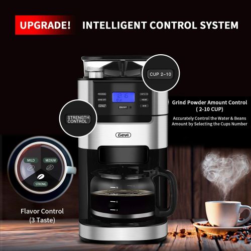  Gevi 10-Cup Drip Coffee Maker, Grind and Brew Automatic Coffee Machine with Built-In Burr Coffee Grinder, Programmable Timer Mode and Keep Warm Plate, 1.5L Large Capacity Water Tank,900