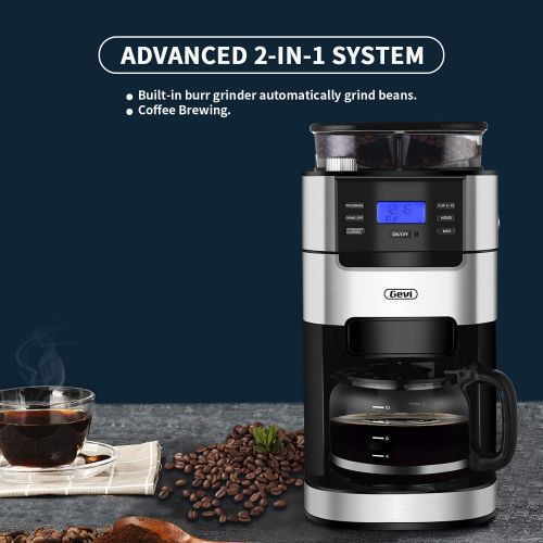  Gevi 10-Cup Drip Coffee Maker, Grind and Brew Automatic Coffee Machine with Built-In Burr Coffee Grinder, Programmable Timer Mode and Keep Warm Plate, 1.5L Large Capacity Water Tank,900