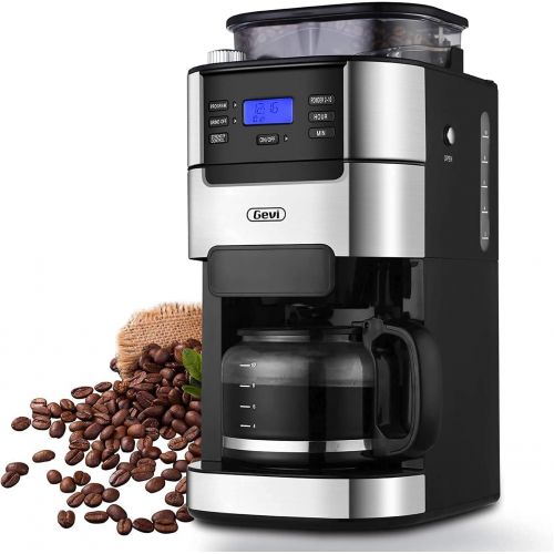  Gevi 10-Cup Drip Coffee Maker, Brew Automatic Coffee Machine with Built-In Burr Coffee Grinder, Programmable Timer Mode and Keep Warm Plate, 1.5L Large Capacity Water Tank, Removable Fi