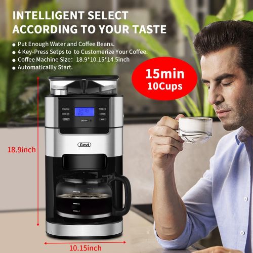  Gevi 10-Cup Drip Coffee Maker, Brew Automatic Coffee Machine with Built-In Burr Coffee Grinder, Programmable Timer Mode and Keep Warm Plate, 1.5L Large Capacity Water Tank, Removable Fi