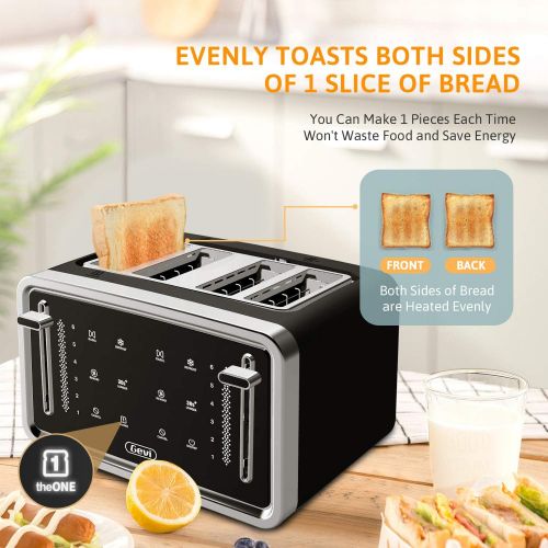  Gevi Toaster 4 Slice,Led Display Touchscreen Bagel Toaster with Dual Control Panels of Bagel/Reheat/Defrost/Cancel/Toasting One Slice/Longer Function,6 Shade Setting