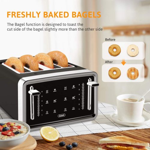  Gevi Toaster 4 Slice,Led Display Touchscreen Bagel Toaster with Dual Control Panels of Bagel/Reheat/Defrost/Cancel/Toasting One Slice/Longer Function,6 Shade Setting