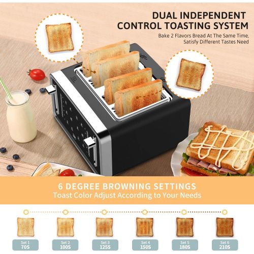  Gevi Toaster 4 Slice,Led Display Touchscreen Bagel Toaster with Dual Control Panels of Bagel/Reheat/Defrost/Cancel/Toasting One Slice/Longer Function,6 Shade Setting