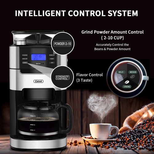  Gevi 10-Cup Drip Coffee Maker, Brew Automatic Coffee Machine with Built-In Burr Coffee Grinder, Programmable Timer Mode and Keep Warm Plate, 1.5L Large Capacity Water Tank, Removable Fi