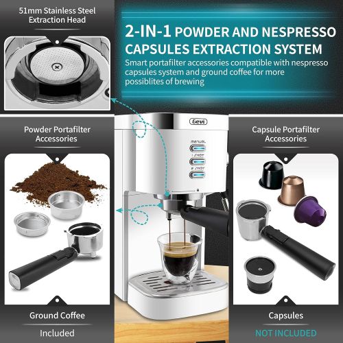  Gevi Espresso Machines 20 Bar Fast Heating Automatic Cappuccino Coffee Maker with Foaming Milk Frother Wand for Espresso, Latte Macchiato, 1.2L Removable Water Tank, 1350W, White