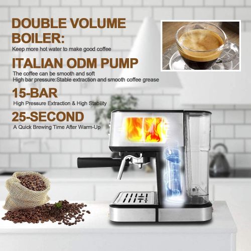  Gevi Espresso Machine 15 Bar Pump Pressure, Expresso Coffee Machine with Milk Frother Steam Wand, Espresso and Cappuccino Maker, 1.5L Water Tank, for Home Barista, 1100W, Black