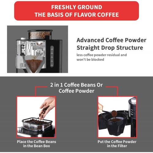  [아마존베스트]Barsetto 10-Cup Drip Coffee Maker, Grind and Brew Automatic Coffee Machine with Built-In Burr Coffee Grinder, Programmable Timer Mode and Keep Warm Plate, 1.5L Large Capacity Water Tank, Re