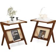 Giantex Rattan Side Table Set of 2, Boho Nightstand with Glass Top & Magazine Rack, End Table with Storage, Bamboo Bedside Table Coffee Table for Small Space Living Room Bedroom, Walnut