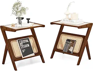 Giantex Rattan Side Table Set of 2, Boho Nightstand with Glass Top & Magazine Rack, End Table with Storage, Bamboo Bedside Table Coffee Table for Small Space Living Room Bedroom, Walnut