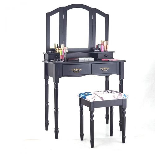 자이언텍스 Giantex Vanity Set Dressing Table with 4 Drawers, Tri-Folding Large Mirror Curved Wood Legs Removable Organizers Top Writing Desk Vanities Gift for Girls, Makeup Dressing Table w/C