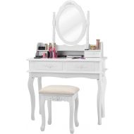 Giantex White Vanity Set with Mirror and Stool, Bedroom Wood Makeup Table for Women Girls Gift, Mirrored Dressing Table Desk Vanity Dresser with Storage, Modern Room Vanities with