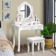 Giantex Vanity Table Set with Mirror and Stool for Bedroom Modern Wood Style Cushioned Bench Oval Mirrored Multifunctional Top Removable Writing Desk Dressing Tables for Girls, 3 D