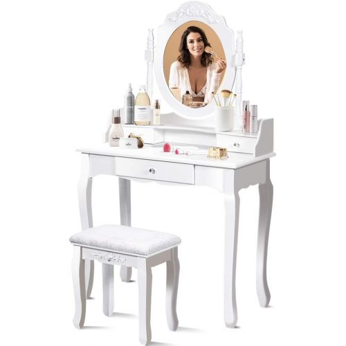자이언텍스 Giantex Vanity Table Set with Mirror and Stool for Bedroom Modern Wood Style Cushioned Bench Oval Mirrored Multifunctional Top Removable Writing Desk Dressing Tables for Girls, 3 D