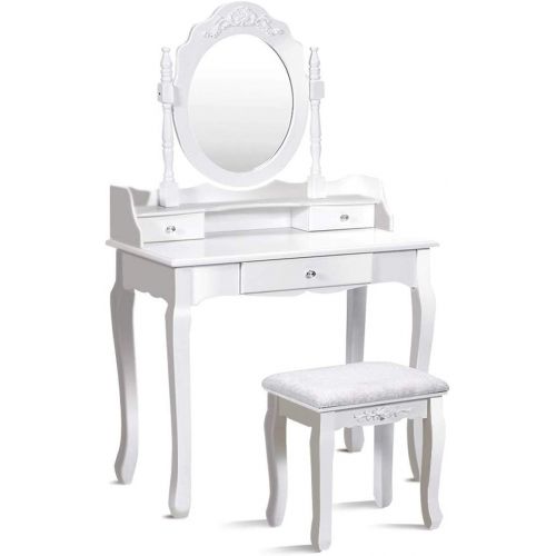 자이언텍스 Giantex Vanity Table Set with Mirror and Stool for Bedroom Modern Wood Style Cushioned Bench Oval Mirrored Multifunctional Top Removable Writing Desk Dressing Tables for Girls, 3 D