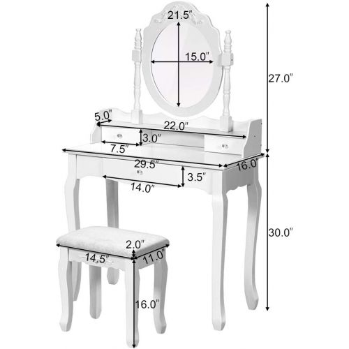 자이언텍스 Giantex Vanity Table Set with Mirror and Stool for Bedroom Modern Wood Style Cushioned Bench Oval Mirrored Multifunctional Top Removable Writing Desk Dressing Tables for Girls, 3 D