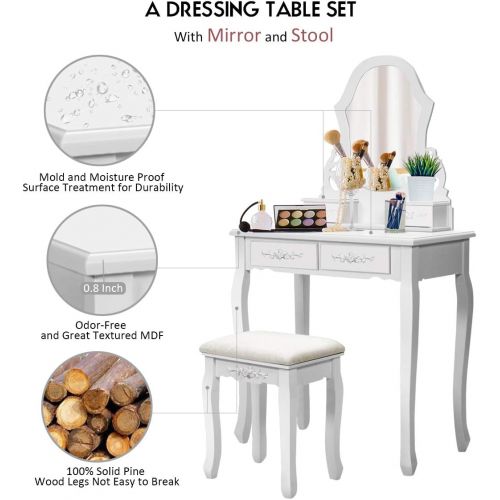 자이언텍스 Giantex Vanity Table Set with Mirror for Makeup Modern Cushioned Bench Stool Bedroom Wood Style Furniture Top Removable Multifunctional Writing Desk Dressing Tables for Girls (Whit