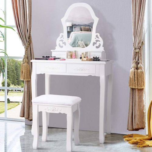 자이언텍스 Giantex Vanity Table Set with Mirror for Makeup Modern Cushioned Bench Stool Bedroom Wood Style Furniture Top Removable Multifunctional Writing Desk Dressing Tables for Girls (Whit