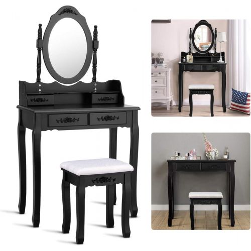 자이언텍스 Giantex Vanity Set with Oval Mirror and 4 Drawers, Makeup Dressing Table with Cushioned Stool, Modern Bedroom Bathroom Dressing Table for Women Girls (Black)
