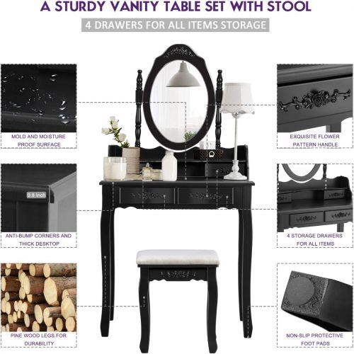 자이언텍스 Giantex Vanity Set with Oval Mirror and 4 Drawers, Makeup Dressing Table with Cushioned Stool, Modern Bedroom Bathroom Dressing Table for Women Girls (Black)