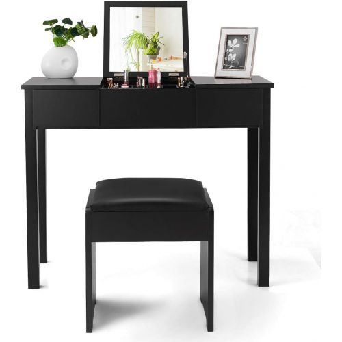 자이언텍스 Giantex Vanity Set with Flip Top Mirror and Cushioned Stool, Makeup Dressing Table Writing Desk with 2 Drawers & 3 Removable Organizers, Makeup Table Set Easy Assembly, Black