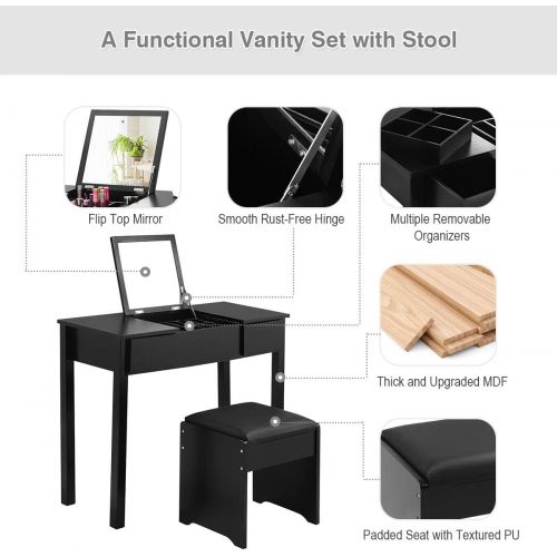 자이언텍스 Giantex Vanity Set with Flip Top Mirror and Cushioned Stool, Makeup Dressing Table Writing Desk with 2 Drawers & 3 Removable Organizers, Makeup Table Set Easy Assembly, Black