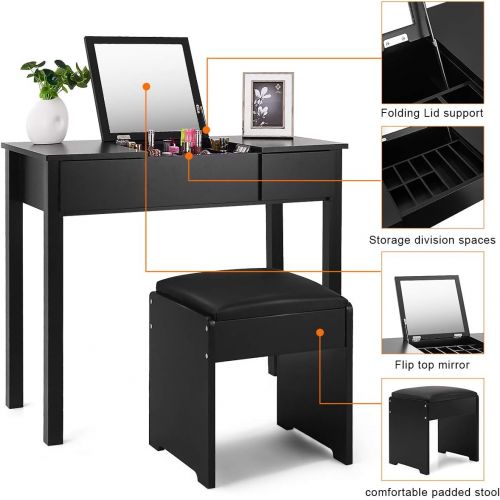 자이언텍스 Giantex Vanity Set with Flip Top Mirror and Cushioned Stool, Makeup Dressing Table Writing Desk with 2 Drawers & 3 Removable Organizers, Makeup Table Set Easy Assembly, Black