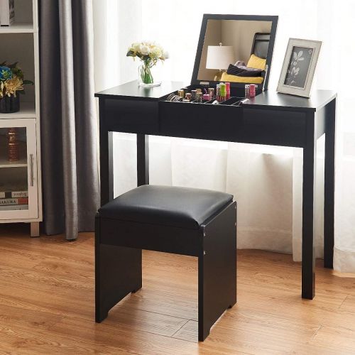 자이언텍스 Giantex Vanity Set with Flip Top Mirror and Cushioned Stool, Makeup Dressing Table Writing Desk with 2 Drawers & 3 Removable Organizers, Makeup Table Set Easy Assembly, Black