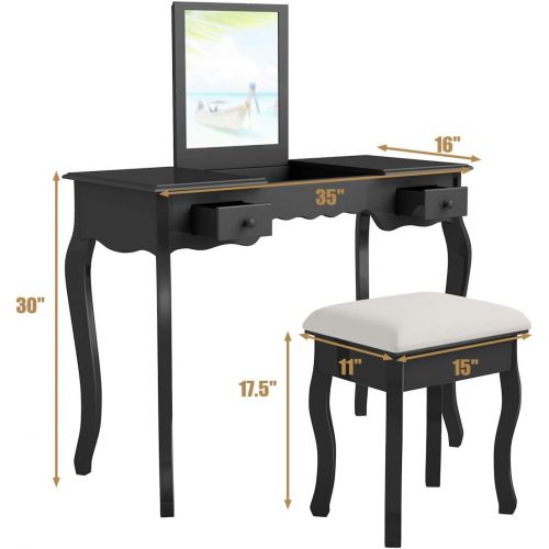 자이언텍스 Giantex Vanity Set with Flip Top Mirror and Cushioned Stool, Makeup Dressing Table with Removable Jewelry Organizers and 2 Drawers, Modern Makeup Table Writing Desk for Girls Women