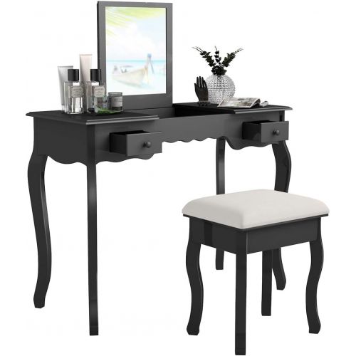 자이언텍스 Giantex Vanity Set with Flip Top Mirror and Cushioned Stool, Makeup Dressing Table with Removable Jewelry Organizers and 2 Drawers, Modern Makeup Table Writing Desk for Girls Women