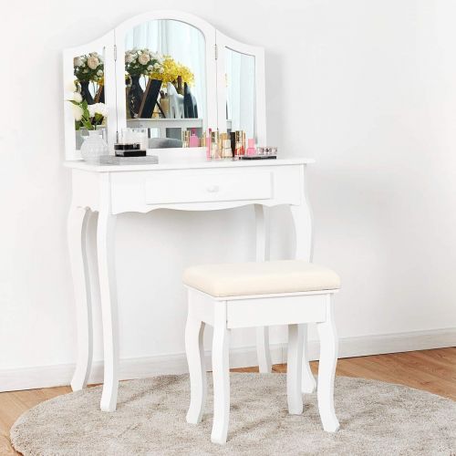 자이언텍스 Giantex Vanity Set with Tri-Folding Mirror and Cushioned Stool, Wooden Makeup Table and Stool Set, Modern Bathroom Bedroom Vanity Desk, Women Girls Kids Vanity Set (White)