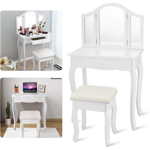 자이언텍스 Giantex Vanity Set with Tri-Folding Mirror and Cushioned Stool, Wooden Makeup Table and Stool Set, Modern Bathroom Bedroom Vanity Desk, Women Girls Kids Vanity Set (White)