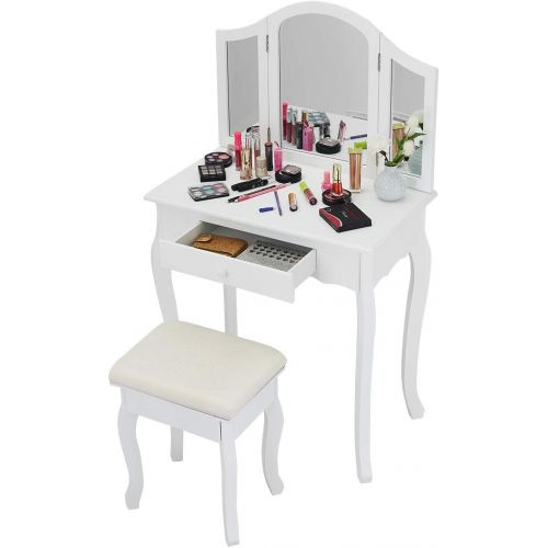 자이언텍스 Giantex Vanity Set with Tri-Folding Mirror and Cushioned Stool, Wooden Makeup Table and Stool Set, Modern Bathroom Bedroom Vanity Desk, Women Girls Kids Vanity Set (White)