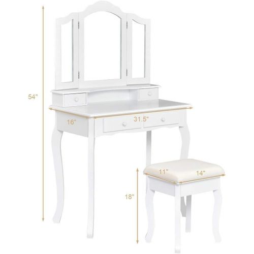 자이언텍스 Giantex Vanity Table Set with Tri-Folding Mirror and Cushioned Stool, Makeup Dressing Table with 4 Drawers and Storage Shelf, Modern Bedroom Bathroom Makeup Table for Women Girls G