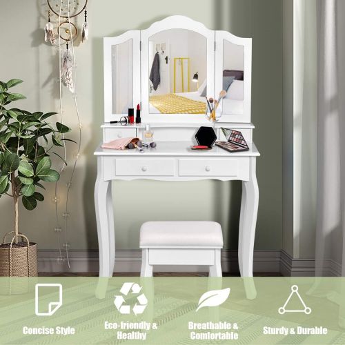 자이언텍스 Giantex Vanity Table Set with Tri-Folding Mirror and Cushioned Stool, Makeup Dressing Table with 4 Drawers and Storage Shelf, Modern Bedroom Bathroom Makeup Table for Women Girls G