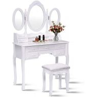 Giantex Tri Folding Oval Mirror Wood Bathroom Vanity Makeup Table Set with Stool &7 Drawers (White)