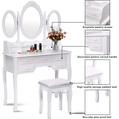 자이언텍스 Giantex Tri Folding Oval Mirror Wood Bathroom Vanity Makeup Table Set with Stool &7 Drawers (White)