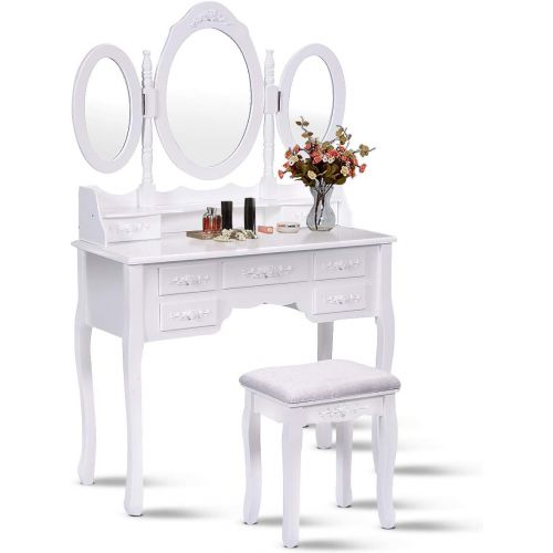 자이언텍스 Giantex Tri Folding Oval Mirror Wood Bathroom Vanity Makeup Table Set with Stool &7 Drawers (White)