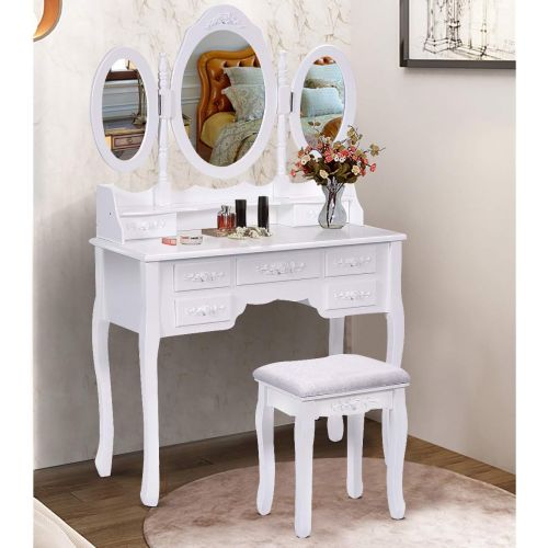 자이언텍스 Giantex Tri Folding Oval Mirror Wood Bathroom Vanity Makeup Table Set with Stool &7 Drawers (White)